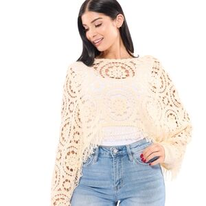 BiBi Women's Boho Long Sleeve Open Crochet Fringe Sweater Top
